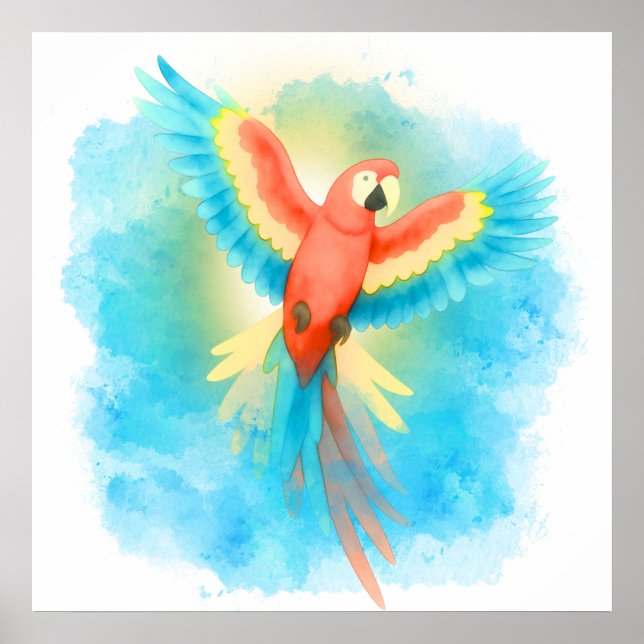 Original ljus akvarell Scarlet Macaw Affisch (Framsidan)