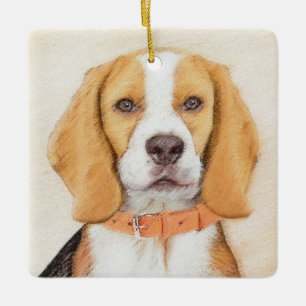 Original målning av Beagle Hound Hund Djurkonst Julgransprydnad Keramik