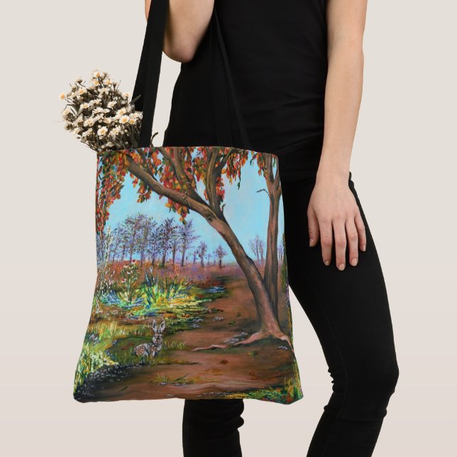 Original Painting Autumn Träd och Bunny Tygkasse (Närbild)