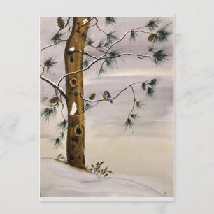 Original Tall och Fågel i Snö Konst på Tom Kort