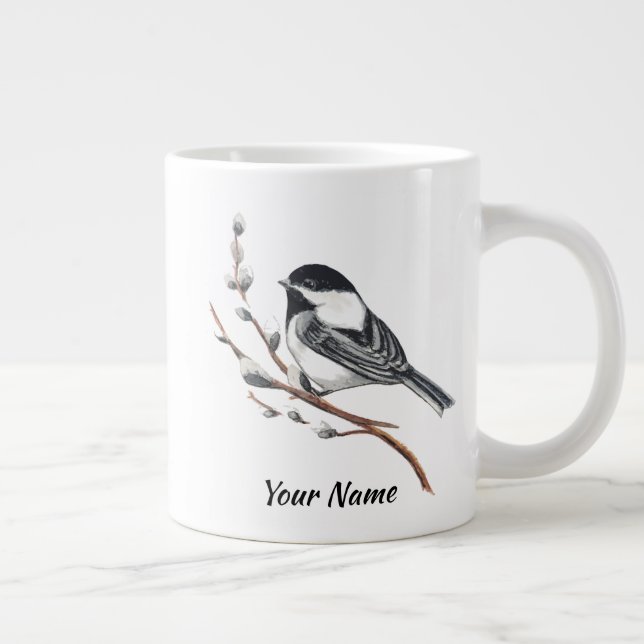 Original vattenfärg Pussy Willow & Chickadee Fågel Jumbo Mugg (Höger)