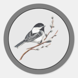 Original vattenfärg Pussy Willow & Chickadee Fågel Runt Klistermärke