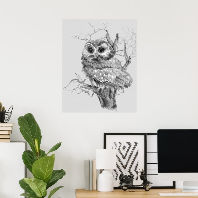 Original Watercolor Baby Owl Bird Art Poster (Hemmakontoret)