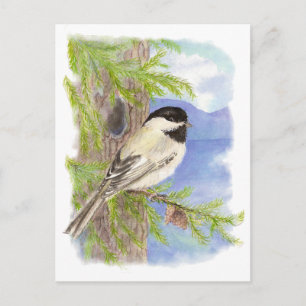 Original Watercolor Chickadee i Gräs Träd Vykort