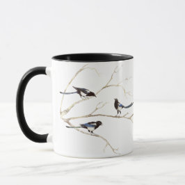 Original Watercolor Magpie Family, Bird Mugg