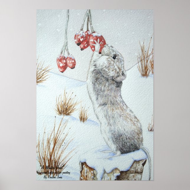 originalkonst, sött djurliv i snö med musen på fäl poster (Framsidan)