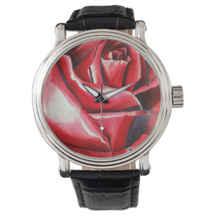 Originalkonstmakro för Crimson Röd ros-vattenfärg Armbandsur