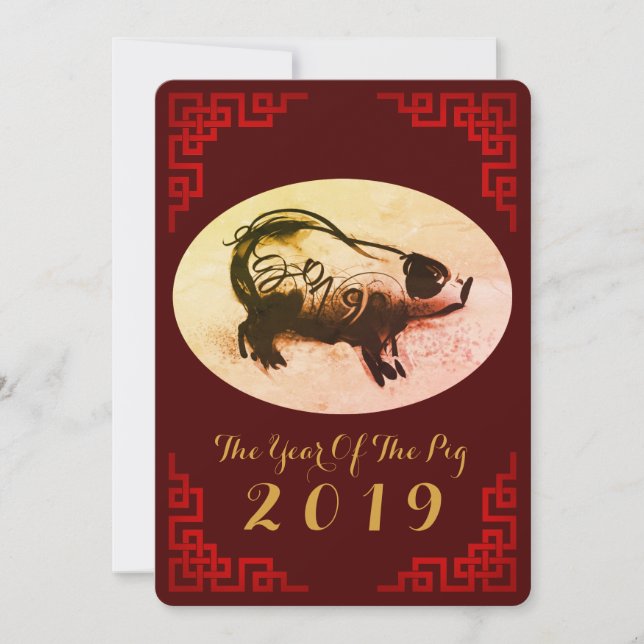 Originalmålning Kinesisk Ram Gris År 2019 Platt Julkort (Framsida)