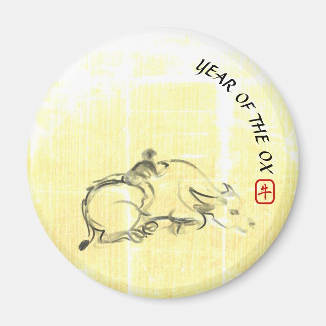 Originalmålning Vatten Buffalo Child Ox Year RRM Magnet (Framsidan)
