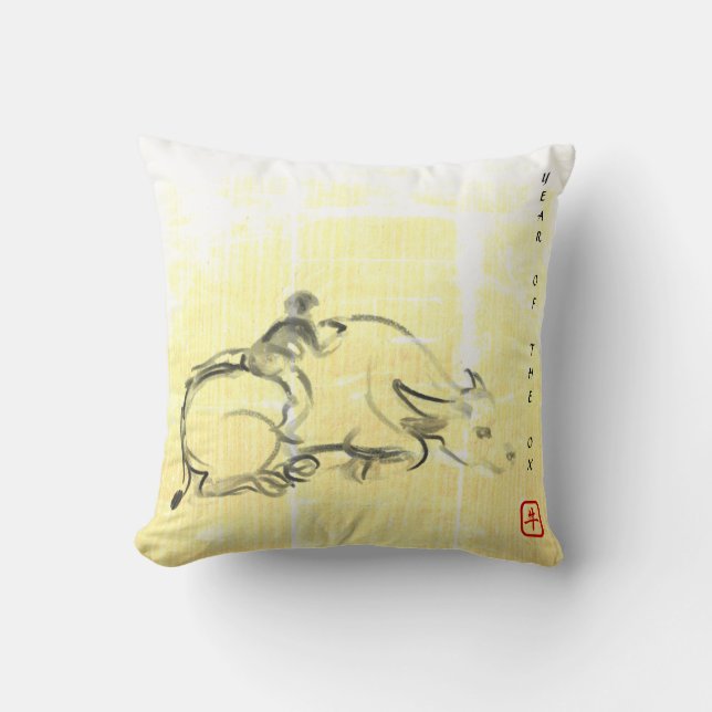 Originalmålning Vatten Buffalo Child Ox Year SqP Kudde (Framsida)
