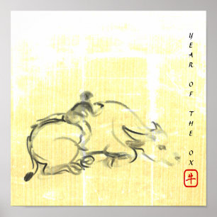 Originalmålning Vatten Buffalo Child Ox Year SqP Poster