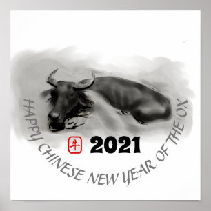 Originalmålning Vatten Buffalo Ox nyår Poster