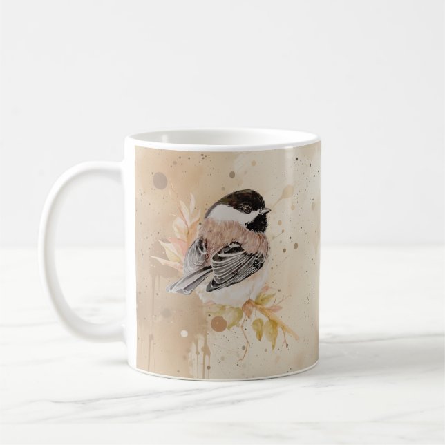 Originalt Handmålad Akvarell Chickadee Fågel Kaffemugg (Vänster)