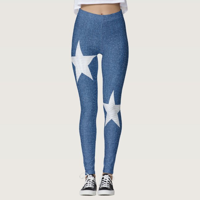 Originalt textilt tyg blått mode jean & stjärna leggings (Framsida)