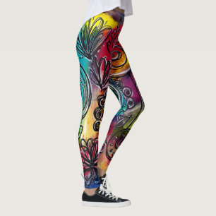 Originalteckning av vit färgfull Blomsterträdgård Leggings