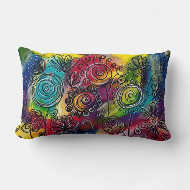 Originalteckning av vit färgfull Blomsterträdgård Lumbarkudde (Framsida)