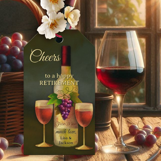 Originell italiensk konst vin-tema presentetikett (Gift tag featuring a unique painting inspired by vintage Italian art with a wine bottle and glasses)