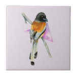 Oriole fågel med triangelvattenfärgmålning kakelplatta<br><div class="desc">Denna är en vattenfärgmålning av en oriole perched på en gren. Jag tillfogade ett abstrakt inslag till målningen.</div>
