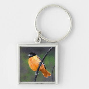 Oriole Painting - Original Bird Art Fyrkantig Silverfärgad Nyckelring