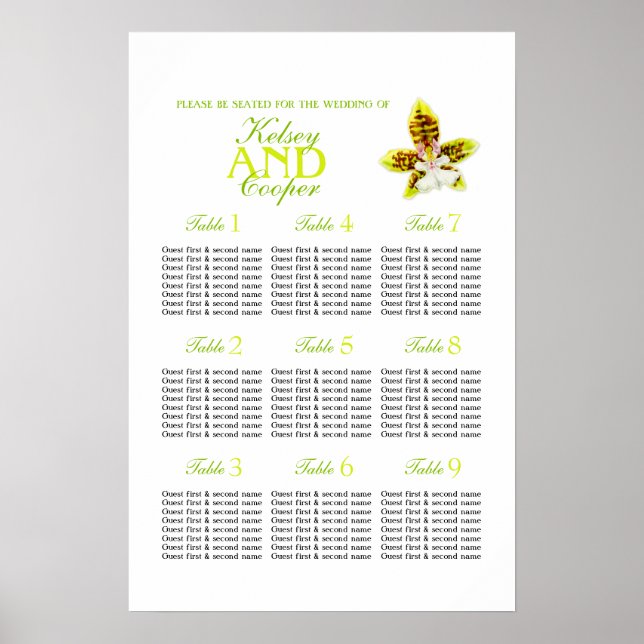Orkid grönska Bröllop Bord Placeringsplan 1-9 Poster (Framsidan)