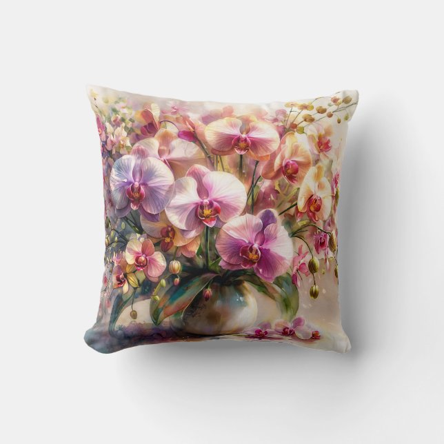 Orkidé Akvarell Blommig Konst Kudde (Framsida)