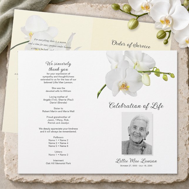 Orkidé Begravningsprogram Firande Av Livet Reklamblad (Orchid Celebration of Life Program - 8.5" x 11", 80 lb paper, you need to fold in half when received)