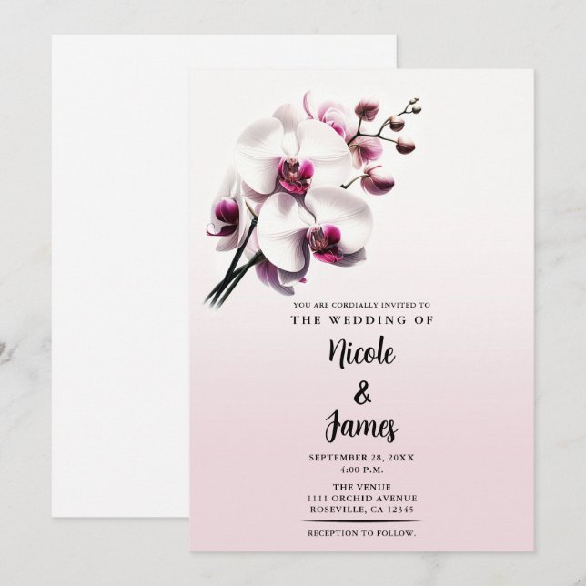 Orkidé Blomma Rosa & Vit Bröllop Inbjudningar (Fram/baksida)