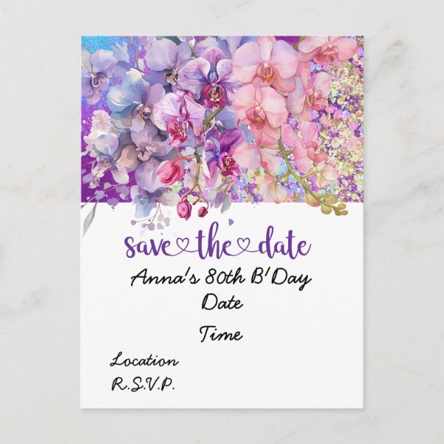 Orkidé födelsedag Save the Date vykort (Framsida)