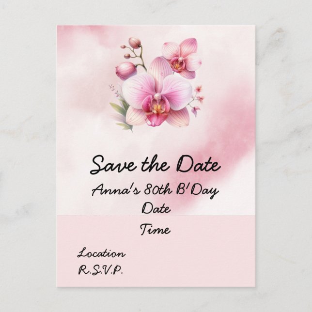 Orkidé födelsedag Save the Date vykort (Framsida)