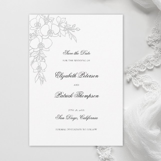 Orkidé Förhöjd Vit Formell Traditionell Bröllop Spara Datumet (orchid wedding save the date formal modern classic traditional black tie parents hosted white)