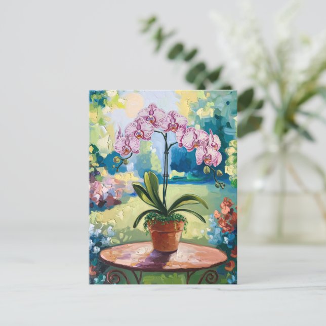 Orkidé i en kruka målning botanisk konst vykort (Stående Fram)