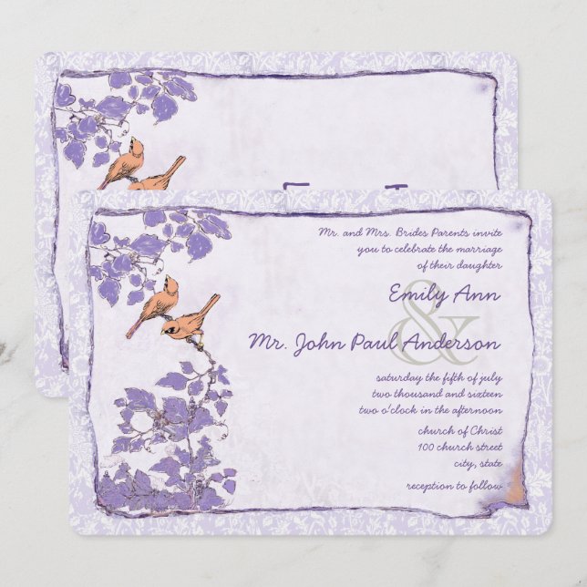 Orkidé Love Bird Damask Bröllopsinbjudan Inbjudningar (Fram/baksida)