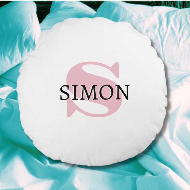Orkidé Rosa Initial och Svart Namn | Modern  Rund Kudde (Skapare uppladdad)
