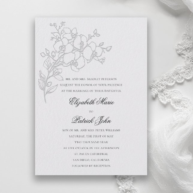 Orkidé Skiss Formell Traditionell Elfenben Bröllop Inbjudningar (orchid wedding invitation ivory veil formal modern classic traditional black tie parents hosting)