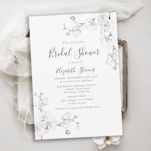 Orkidé Skiss Svart Vitt Elegant Bröllopsfest Inbjudningar (orchid bridal shower invitation black white botanical art sketch elegant formal modern classic card)