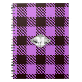 Orkidé Svart Tartan Metallisk Monogram Skript Namn Anteckningsbok