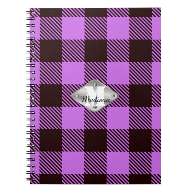 Orkidé Svart Tartan Metallisk Monogram Skript Namn Anteckningsbok (Framsidan)