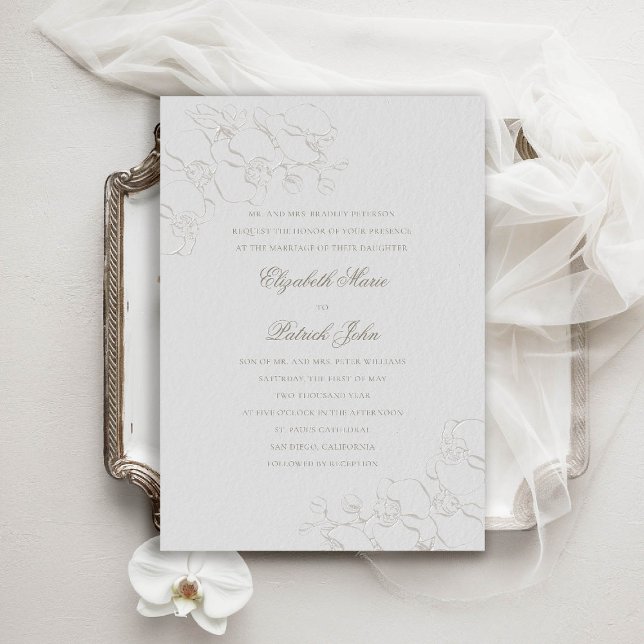 Orkidéer ivorianska traditionella föräldrar Bröllo Inbjudningar (orchids wedding invitation formal traditional modern classic double frame ivory faux embossed parent)