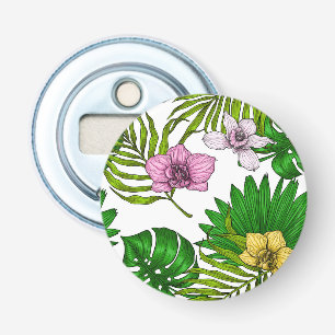 Orkidéer och handflatan löv, rosa, gult, grönt och flasköppnare