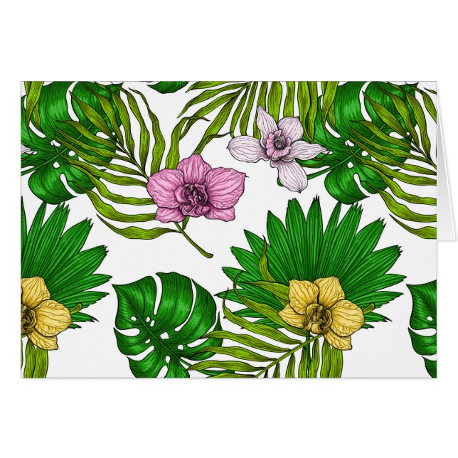 Orkidéer och handflatan löv, rosa, gult, grönt och hälsningskort (Framsidan Horizontal)