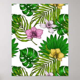 Orkidéer och handflatan löv, rosa, gult, grönt och poster