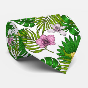 Orkidéer och handflatan löv, rosa, gult, grönt och slips