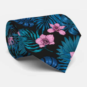 Orkidéer och handflatan löv, rosa och blått på sva slips