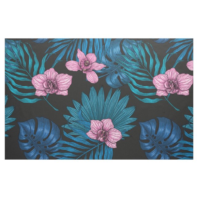 Orkidéer och handflatan löv, rosa och blått på sva tyg (Fat Quarter)