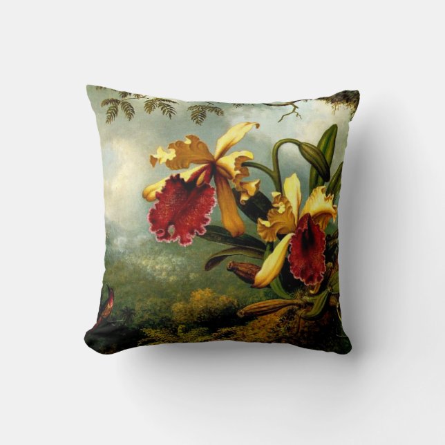 Orkidéer och Hummingbird, botaniska konst Kudde (Framsida)