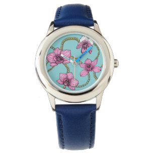 Orkidéer och kedjor, rosa och blått armbandsur
