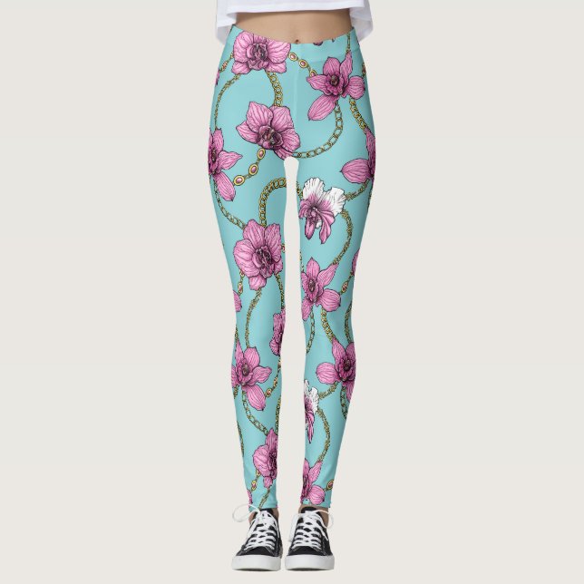 Orkidéer och kedjor, rosa och blått leggings (Framsida)