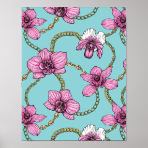 Orkidéer och kedjor, rosa och blått poster