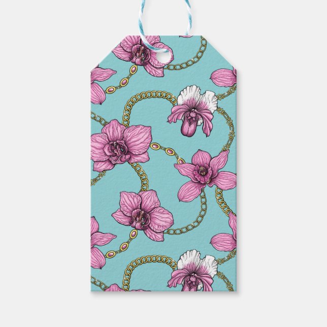 Orkidéer och kedjor, rosa och blått presentetikett (Framsidan)