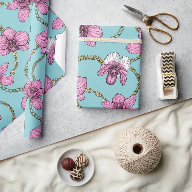 Orkidéer och kedjor, rosa och blått presentpapper (Hantverk)